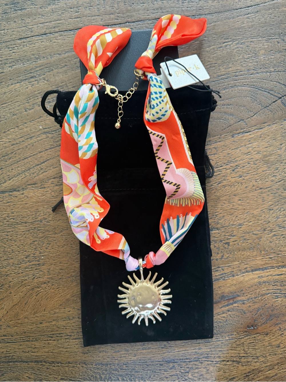 NWT Piper K Gold Sunburst Pendant Scarf Necklace in Coral Print